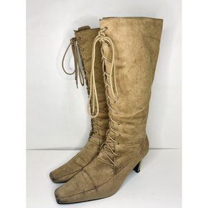 Brown Suede Boots Lace Front Side Zip Pointed Square Toe Women’s Size 8.5 M Wide